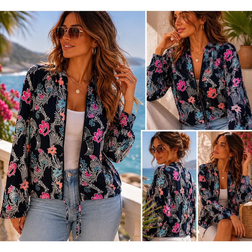 Banana Republic Floral Zip Front Jacket Navy Pink XL Coastal Boho